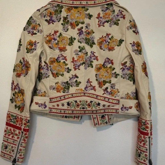 Alice + Olivia Cody Embellished Moto Leather Jacket Floral White - Picture 8 of 11